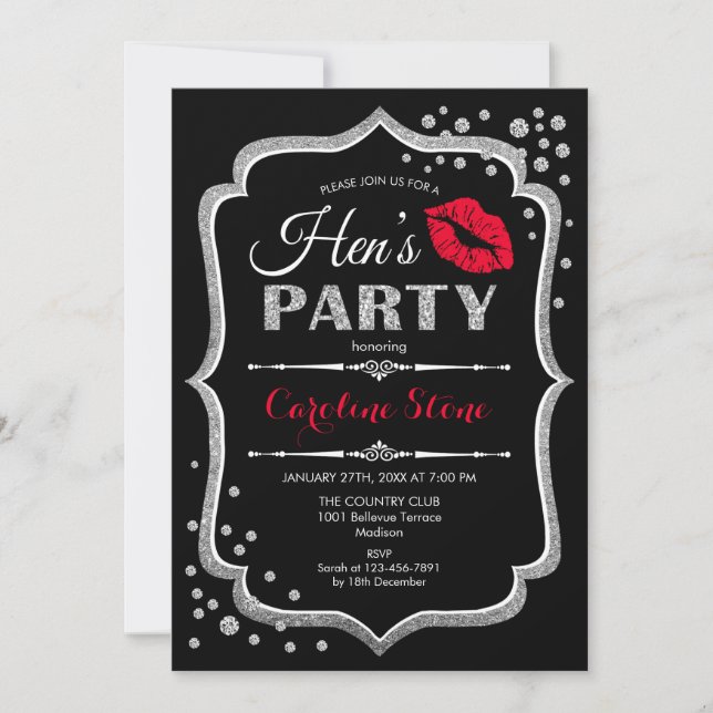 Hens Party - Black Red Silver Invitation (Front)