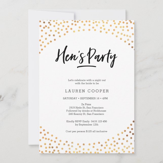 Hen's Party Invitation | Gold spots (Front)