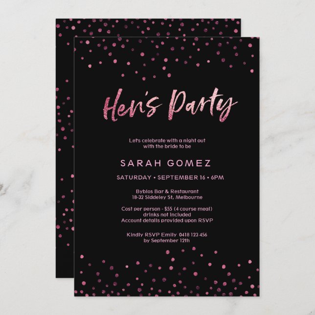 Hen's Party Invitation | Pink glitter foil (Front/Back)