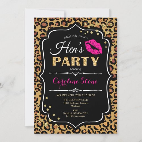 Hens Party _ Leopard Print Black Pink Gold Invitation