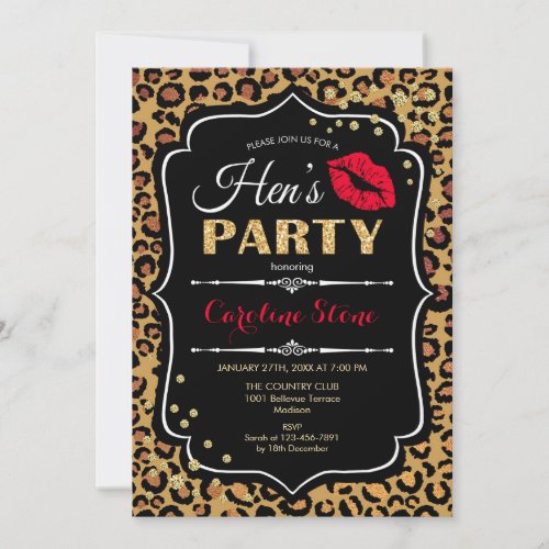 Hens Party - Leopard Print Black Red Gold Invitation