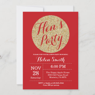 Hens Party Red and Gold Glitter Invitation Card