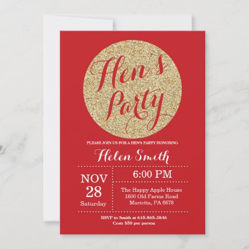 Hens Party Red and Gold Glitter Invitation Card