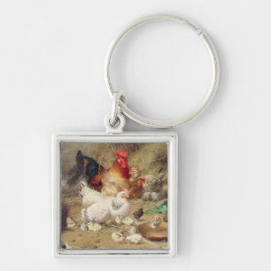 Hens roosting with their chickens keychain