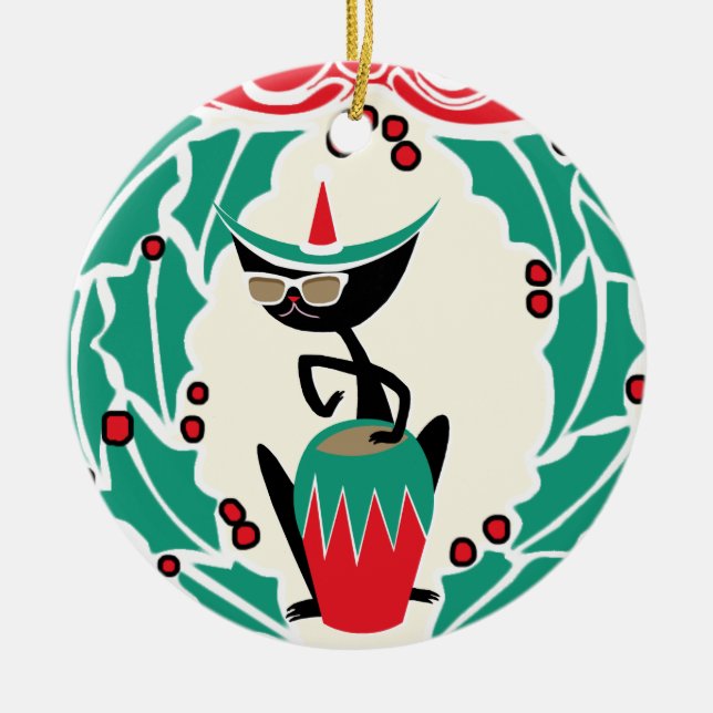 Hep Cat Retro Christmas Personalized Ceramic Ornament (Front)