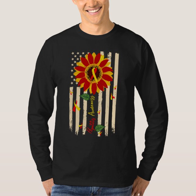 Hepatitis Awareness Sunflower Red and Yellow Ribbo T-Shirt (Front)