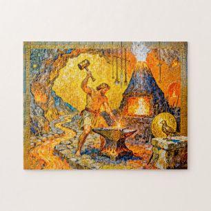 Hephaestus in Forge with Hammer, Anvil, Volcano Fu Jigsaw Puzzle