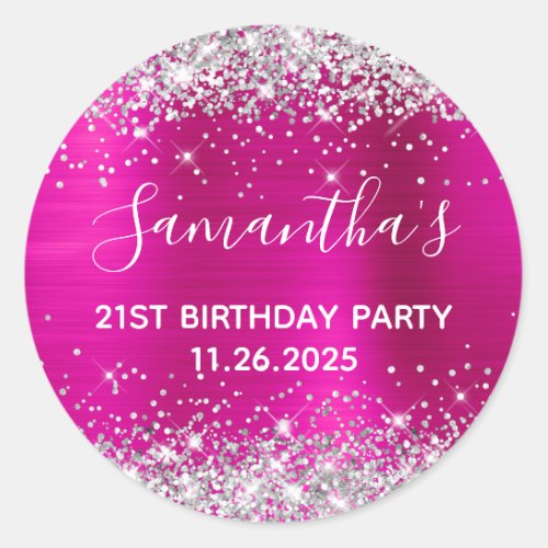 Her 21st Birthday Hot Pink and Silver Glitter Classic Round Sticker