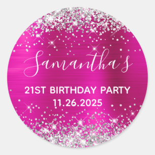 Her 21st Birthday Hot Pink and Silver Glitter Classic Round Sticker