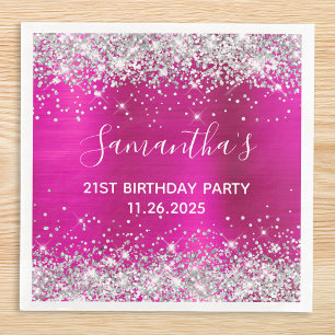 Her 21st Birthday Hot Pink and Silver Glitter Paper Dinner Napkins