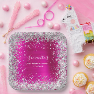 Her 21st Birthday Hot Pink and Silver Glitter Paper Plates