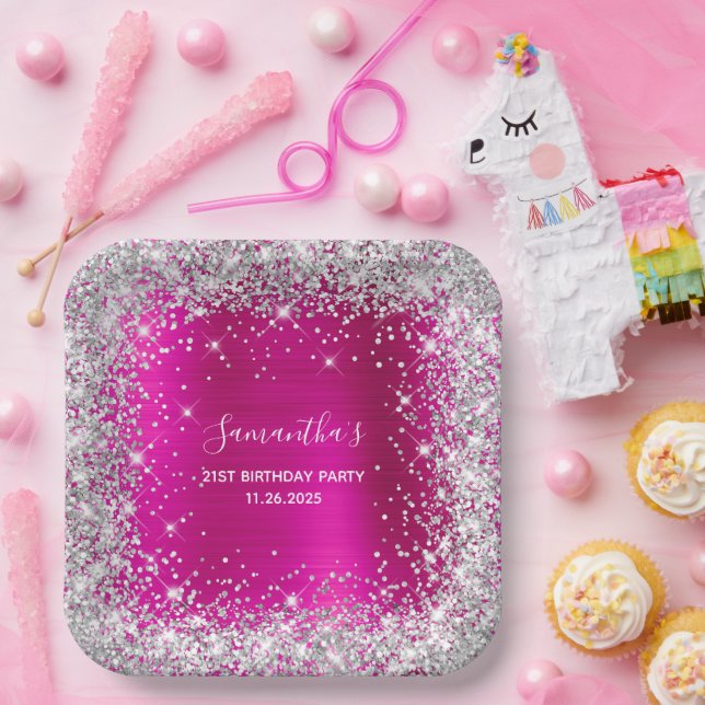 Her 21st Birthday Hot Pink and Silver Glitter Paper Plates (Party)