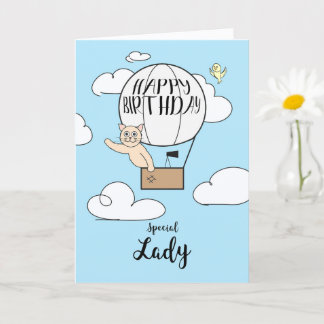 Her Birthday Across Miles Cat in Hot Air Balloon   Card
