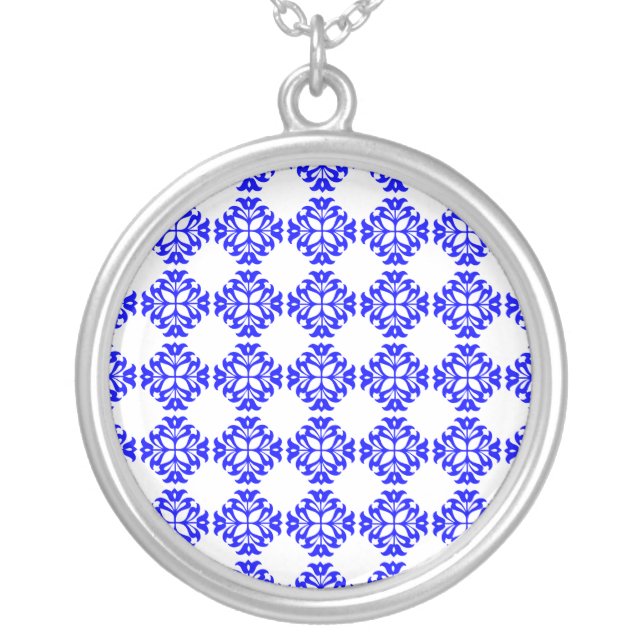 Her Cute Girly Style Blue & White Damask Girls Silver Plated Necklace (Front)