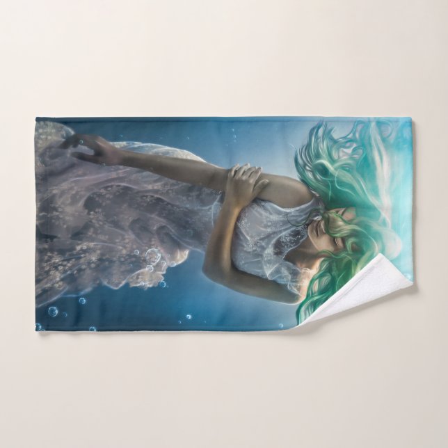 Her Emerald Curls - Mermaid Hovering Underwater Hand Towel (Hand Towel)