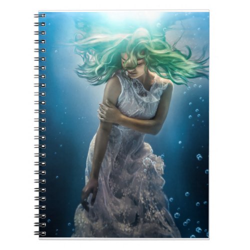 Her Emerald Curls _ Mermaid Hovering Underwater Notebook