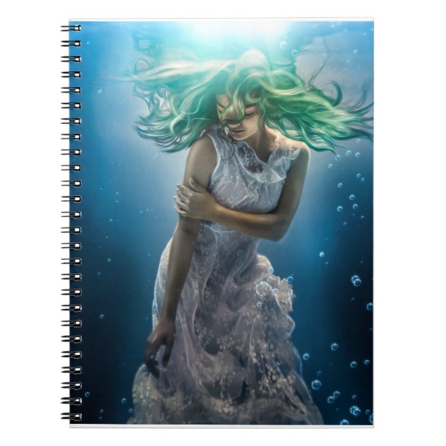 Her Emerald Curls - Mermaid Hovering Underwater Notebook (Front)