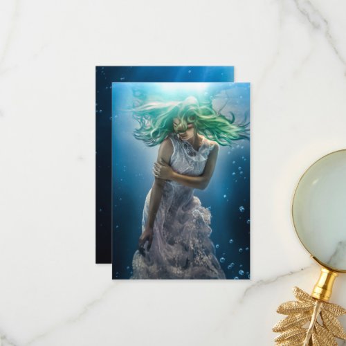 Her Emerald Curls _ Mermaid Hovering Underwater Thank You Card