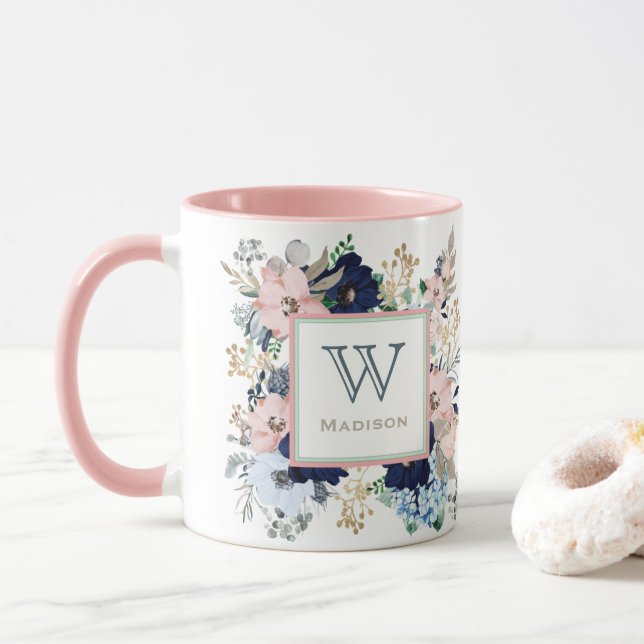 Her Favorite Blue & Pink Rose Monogram Mug (With Donut)