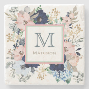 Her Favorite Blue & Pink Rose Monogram Stone Coaster