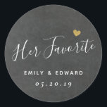 Her Favorite Personalized Wedding Favor Chalkboard Classic Round Sticker<br><div class="desc">Custom-designed elegant wedding favor round stickers/labels featuring "Her Favorite" in modern hand calligraphy with a gold glitter heart. Personalize with bride and groom's names and wedding date. Apply the stickers/labels on boxes,  bags,  or jars for unique DIY wedding favors/gifts.</div>