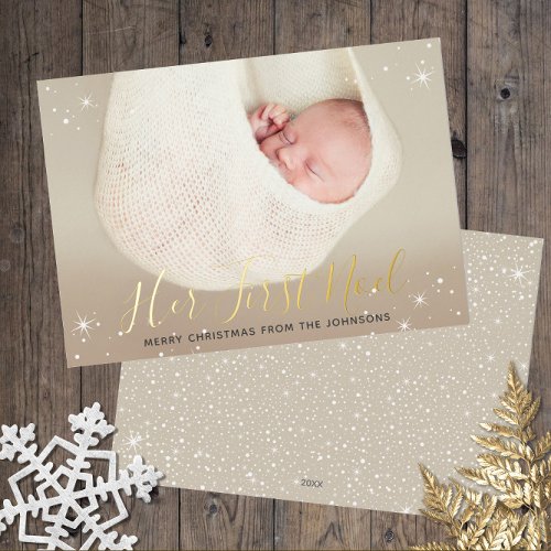 Her First Noel Babys First Christmas Photo Foil Holiday Card