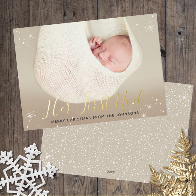Her First Noel Baby's First Christmas Photo Foil Holiday Card (Gold Foil Christmas Holiday Baby Announcement with Baby's Photo | Her First Noel)