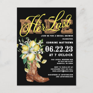 Her Last Ride Cowgirl Boots Lemons Bridal Shower Postcard