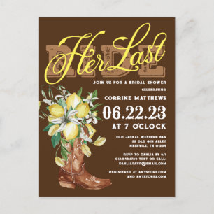 Her Last Ride Cowgirl Boots Lemons Bridal Shower Postcard