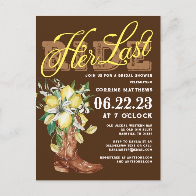 Her Last Ride Cowgirl Boots Lemons Bridal Shower Postcard (Front)