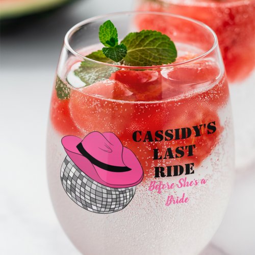 Her Last Ride Disco Cowgirl Bachelorette Party Stemless Wine Glass