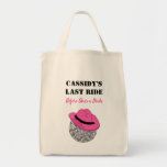 Her Last Ride Disco Cowgirl Bachelorette Party Tote Bag<br><div class="desc">This personalized grocery tote bag is perfect for your disco cowgirl themed bachelorette party. It features an illustration of a disco ball with a pink cowboy hat and your own custom message in black and pink lettering.</div>