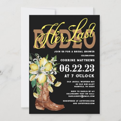 Her Last Rodeo Cowgirl Boots Lemons Bridal Shower Invitation