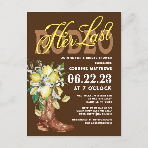 Her Last Rodeo Cowgirl Boots Lemons Bridal Shower Postcard