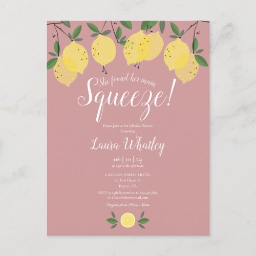 Her Main Squeeze Lemon Dusty Rose Bridal Shower  Announcement Postcard