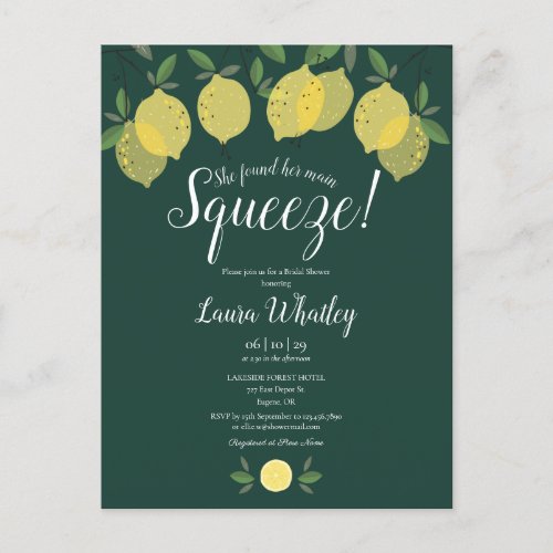 Her Main Squeeze Lemon Emerald Green Bridal Shower Announcement Postcard
