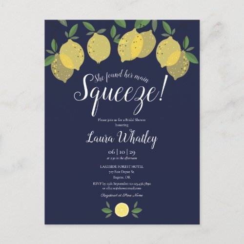 Her Main Squeeze Lemon Navy Blue Bridal Shower Announcement Postcard