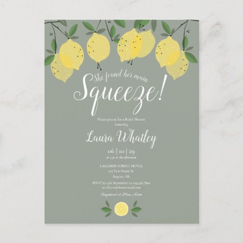 Her Main Squeeze Lemon Sage Green Bridal Shower Announcement Postcard