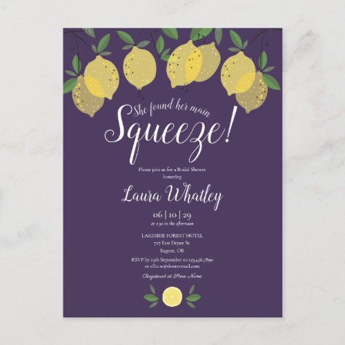 Her Main Squeeze Lemons Purple Bridal Shower Announcement Postcard