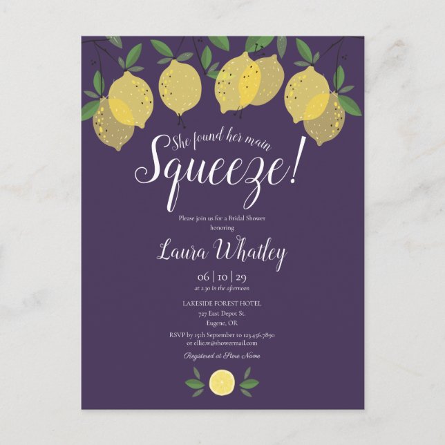 Her Main Squeeze Lemons Purple Bridal Shower Announcement Postcard (Front)