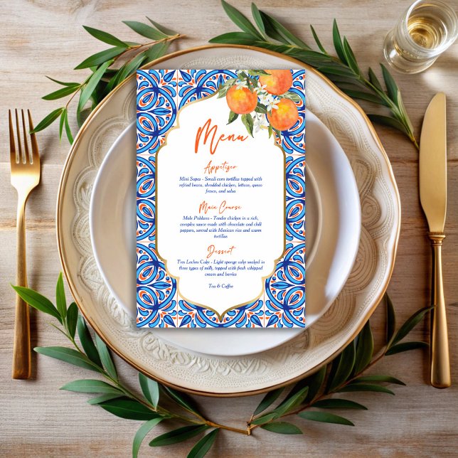 Her Main Squeeze orange blue menu card (Her Main Squeeze orange blue talavera tiles menu cards template bridal shower personalized decor)