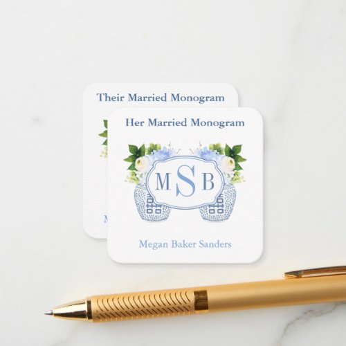 Her Married Monogram Preppy Bridal Shower Enclosure Card - A chic little insert card to confirm monograms of married couple (in the event of a shower requesting monogrammed goods). This design features a simple and elegant monogram badge with a ginger jar filled with flowers on each side. 