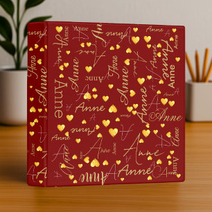 Her Name and Gold Hearts all over dark red 3 Ring Binder