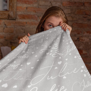 Her Name and Hearts all over light-gray Fleece Blanket