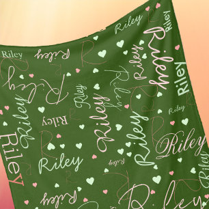 Her Name and Pink Hearts all over Green Fleece Blanket