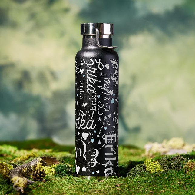 Her Name & Cute Hearts all over Black Water Bottle (Outdoor)