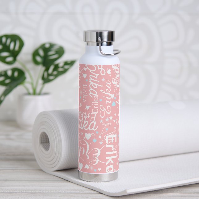 Her Name & Cute Hearts Blushing Pink Water Bottle (Yoga)