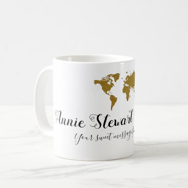 her name handwritten + world map + custom message coffee mug (Front Left)