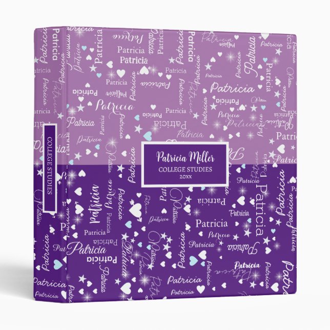 Her Name & Hearts Purple Lavender College Studies 3 Ring Binder (Front/Spine)