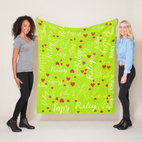 Her Name Initial and Red Hearts Acid_Green Fleece Blanket
